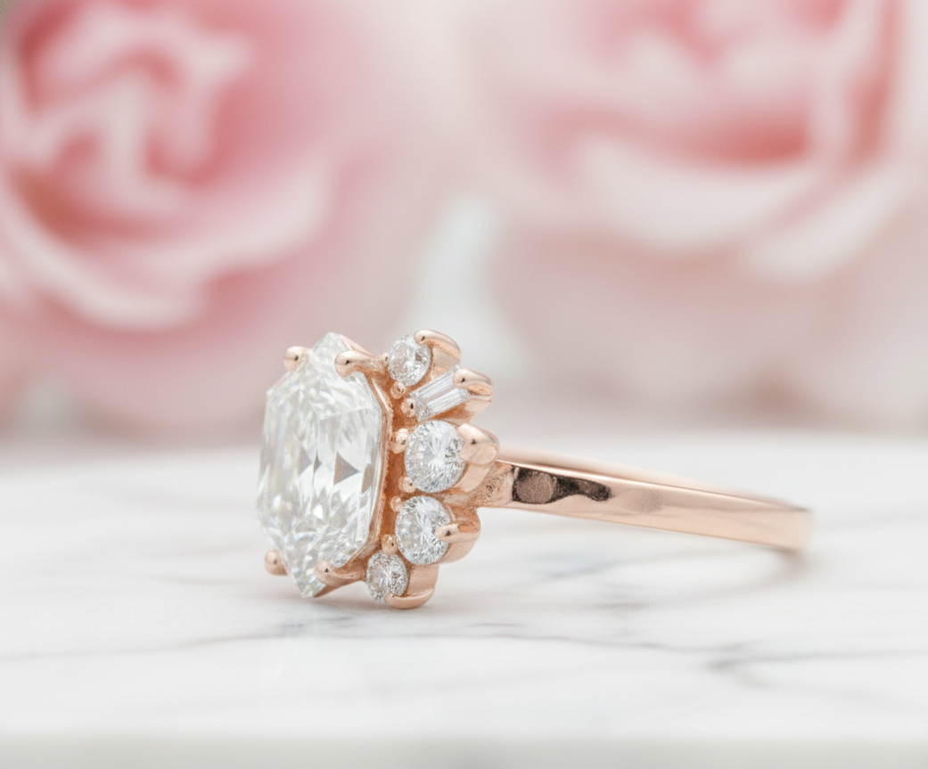 Hexagon Engagement Ring 1.65 CT – Geometric Cluster 14K Gold Ring