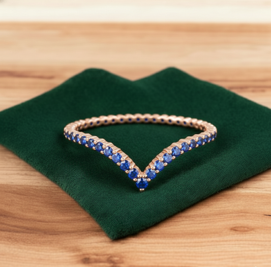 0.110 Ct Blue CZ Curved Wedding Band – V-Shape Ring