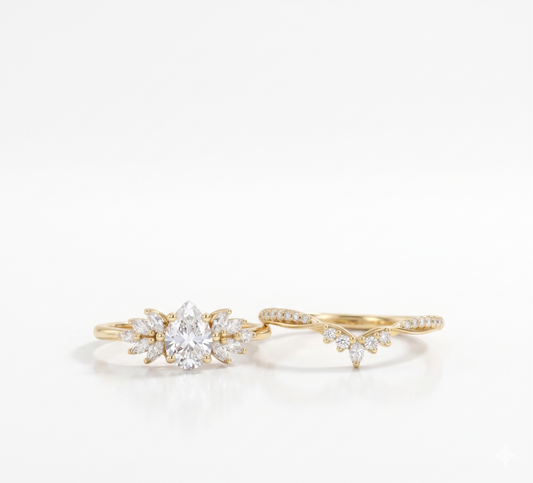 1.60 Ct Pear Lab-Grown Bridal Set – Leaf Cluster Engagement Ring
