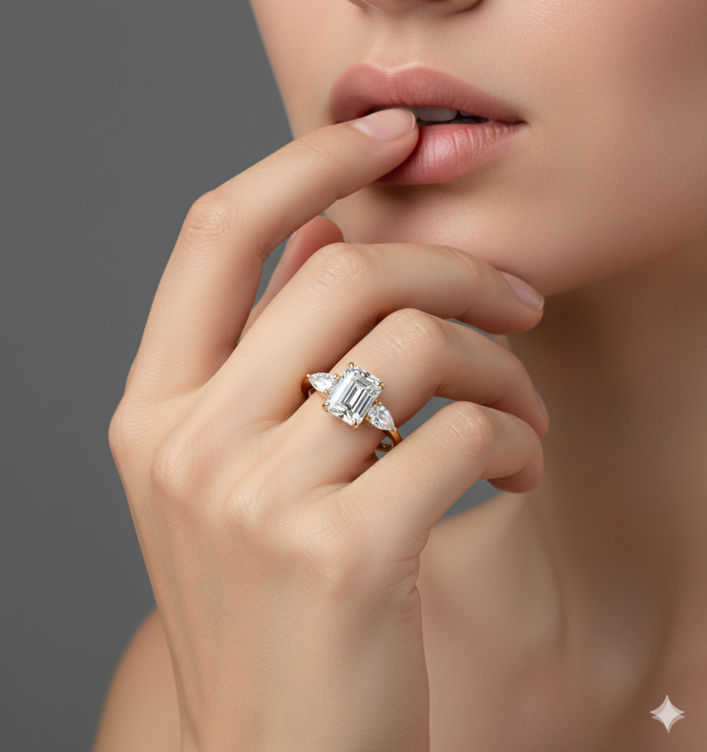 2.10ct Emerald Cut Lab Grown Diamond Engagement Ring • 3-Stone