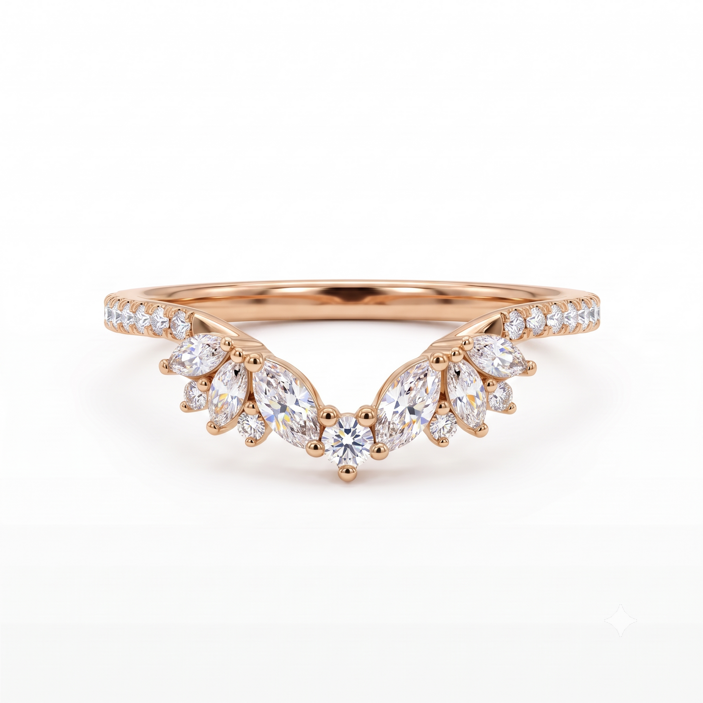 0.600 ct Marquise & Round Cut Lab Grown Diamond V Shape Curved  Band Ring