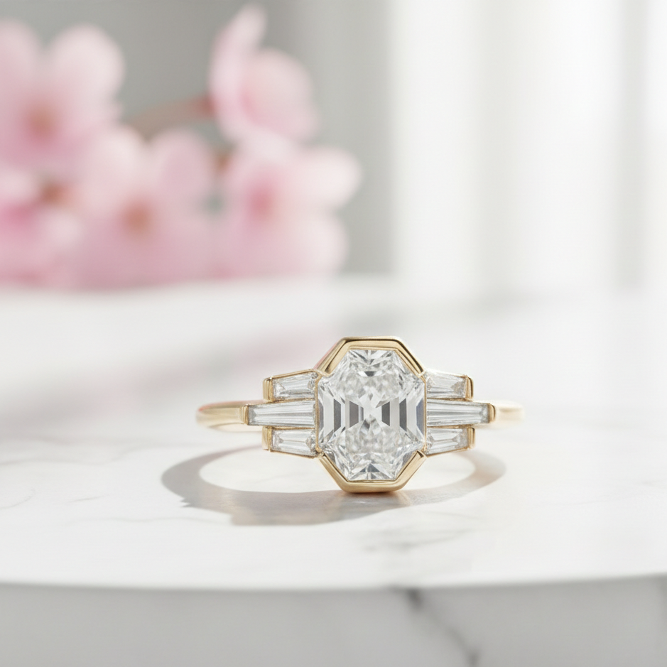 Hexagon Engagement Ring with Baguette Side Stones