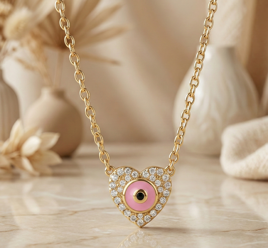 14K Gold Lab Diamond Evil Eye Heart Necklace Pendant