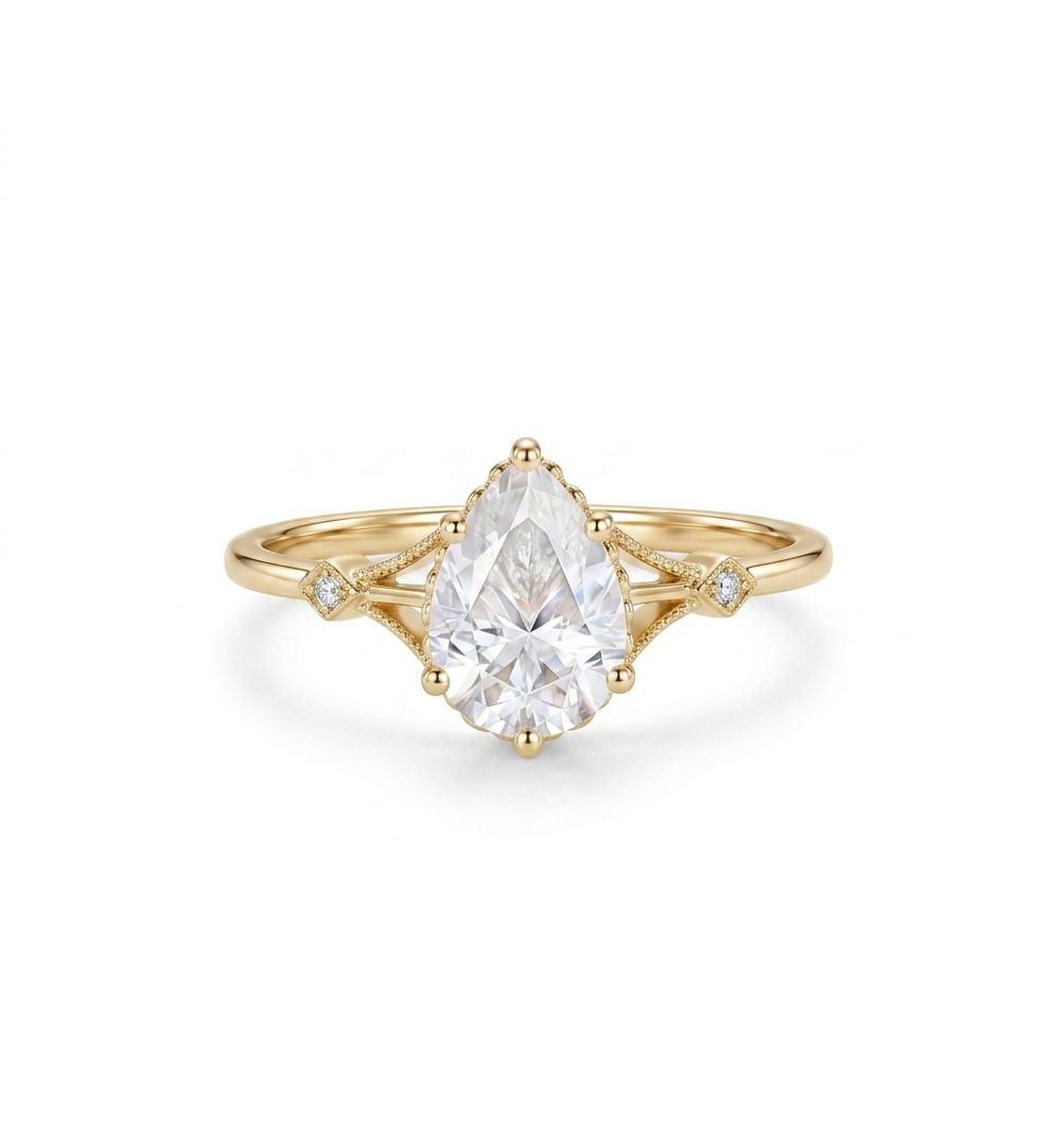 2.0ct Pear Cut Lab Grown Diamond Engagement Ring • Vintage Art Deco Inspired Ring