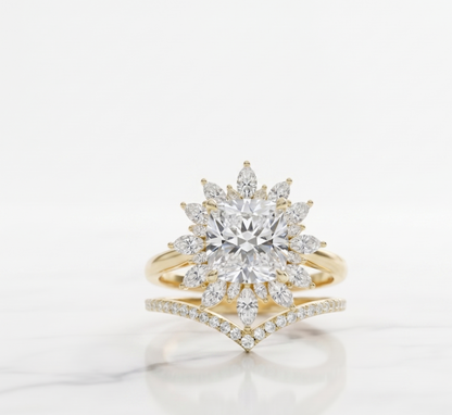 1.85 Ct Sunburst Diamond Bridal Set – Floral Halo Ring