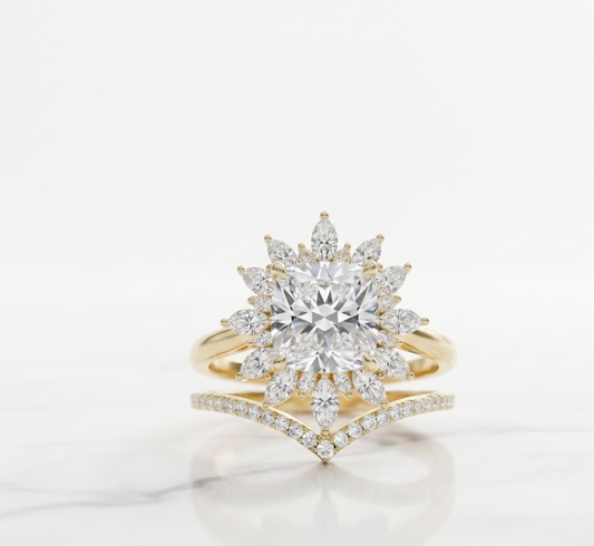 1.85 Ct Sunburst Diamond Bridal Set – Floral Halo Ring