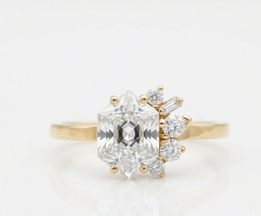 Hexagon Engagement Ring 1.65 CT – Geometric Cluster 14K Gold Ring