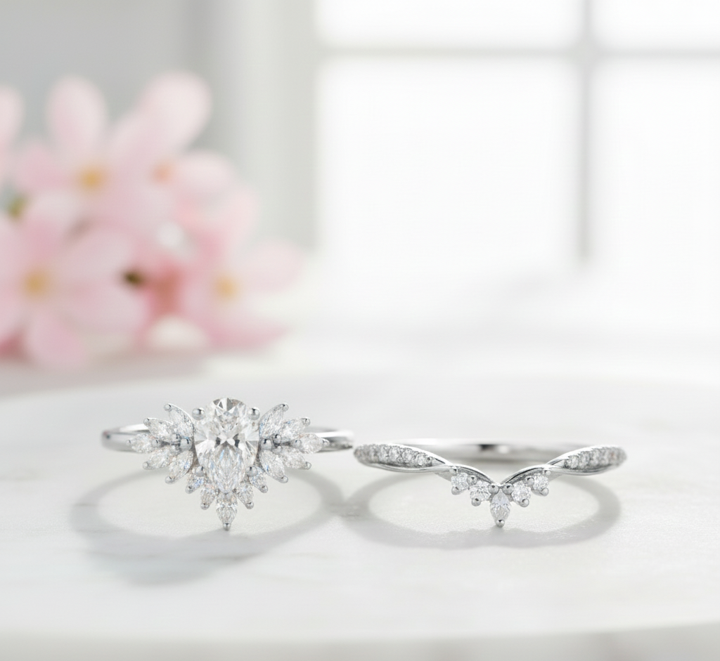 1.70 Ct Pear Lab Diamond Bridal Set – Vintage Cluster Ring