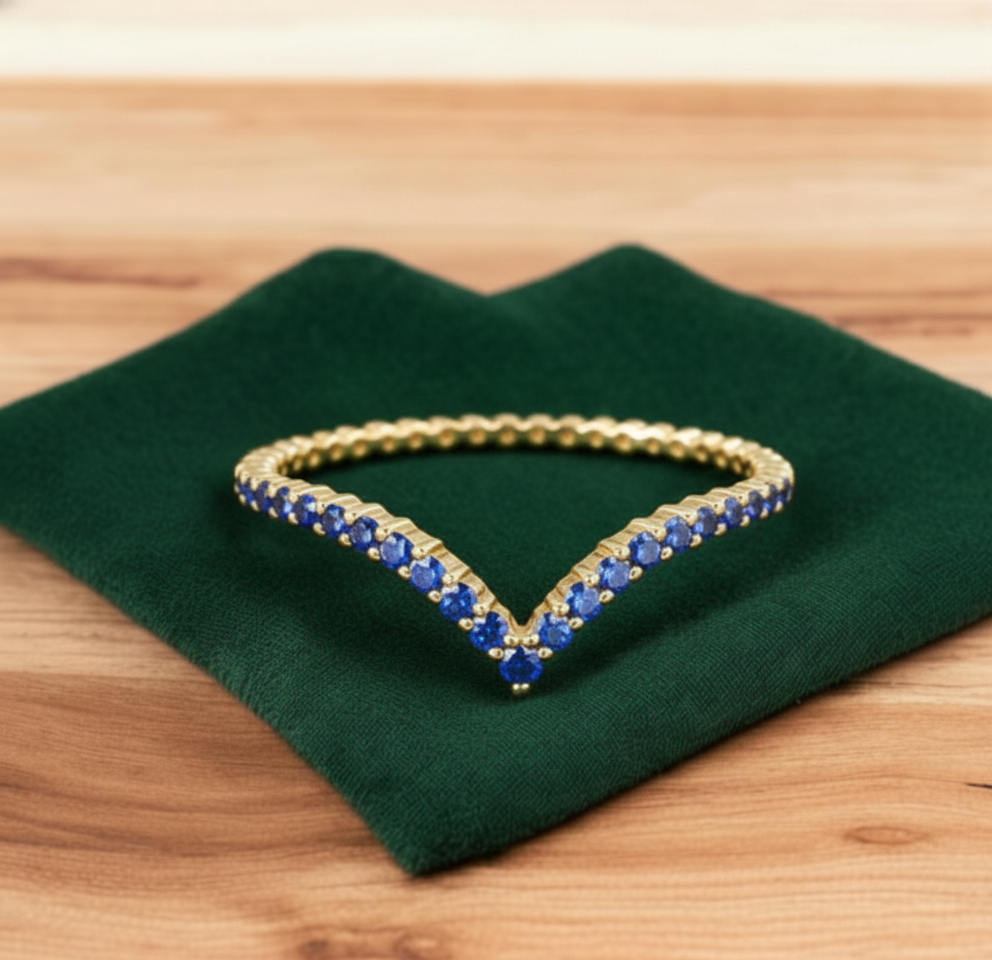 0.110 Ct Blue CZ Curved Wedding Band – V-Shape Ring