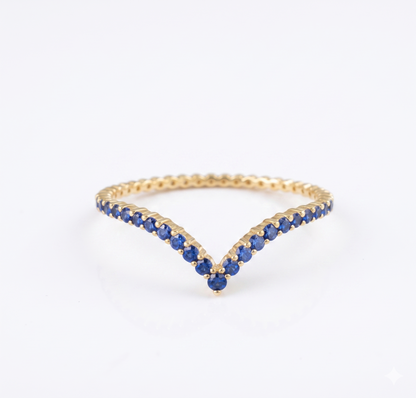 0.110 Ct Blue CZ Curved Wedding Band – V-Shape Ring