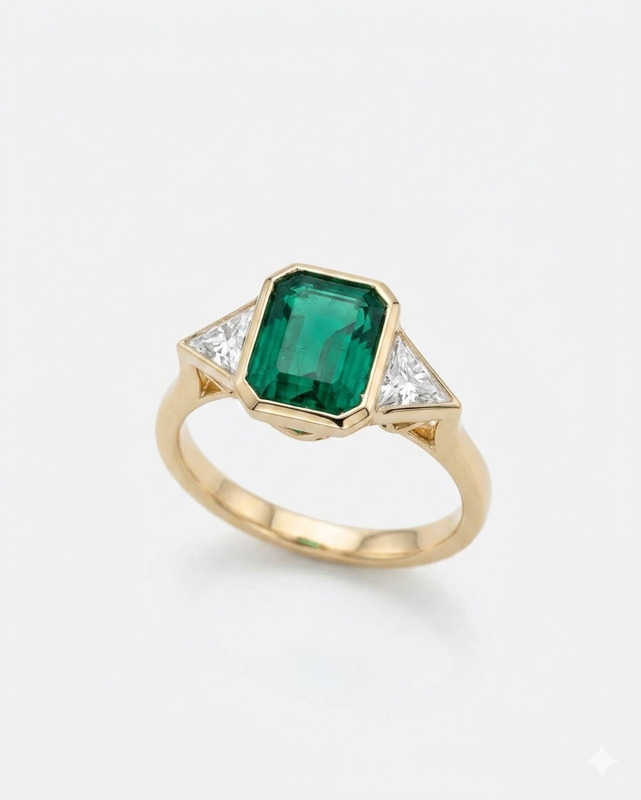 3.00ct Emerald with Trillion Lab-Grown Three Stone Engagement Ring