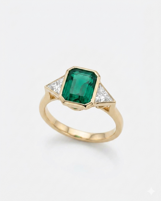 3.00ct Emerald with Trillion Lab-Grown Three Stone Engagement Ring