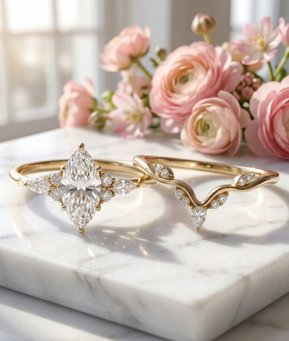 1.350CT Marquise Lab Diamond Ring Set with Curved Wedding Band