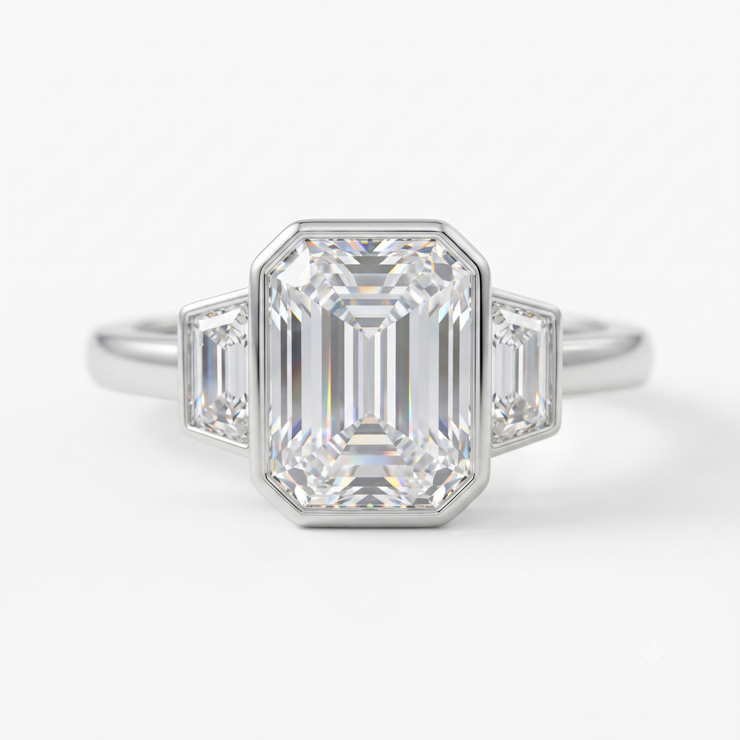 2.06 CT Emerald Cut Lab Grown Diamond Bezel Set Three Stone Engagement Ring