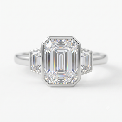 2.06 CT Emerald Cut Lab Grown Diamond Bezel Set Three Stone Engagement Ring