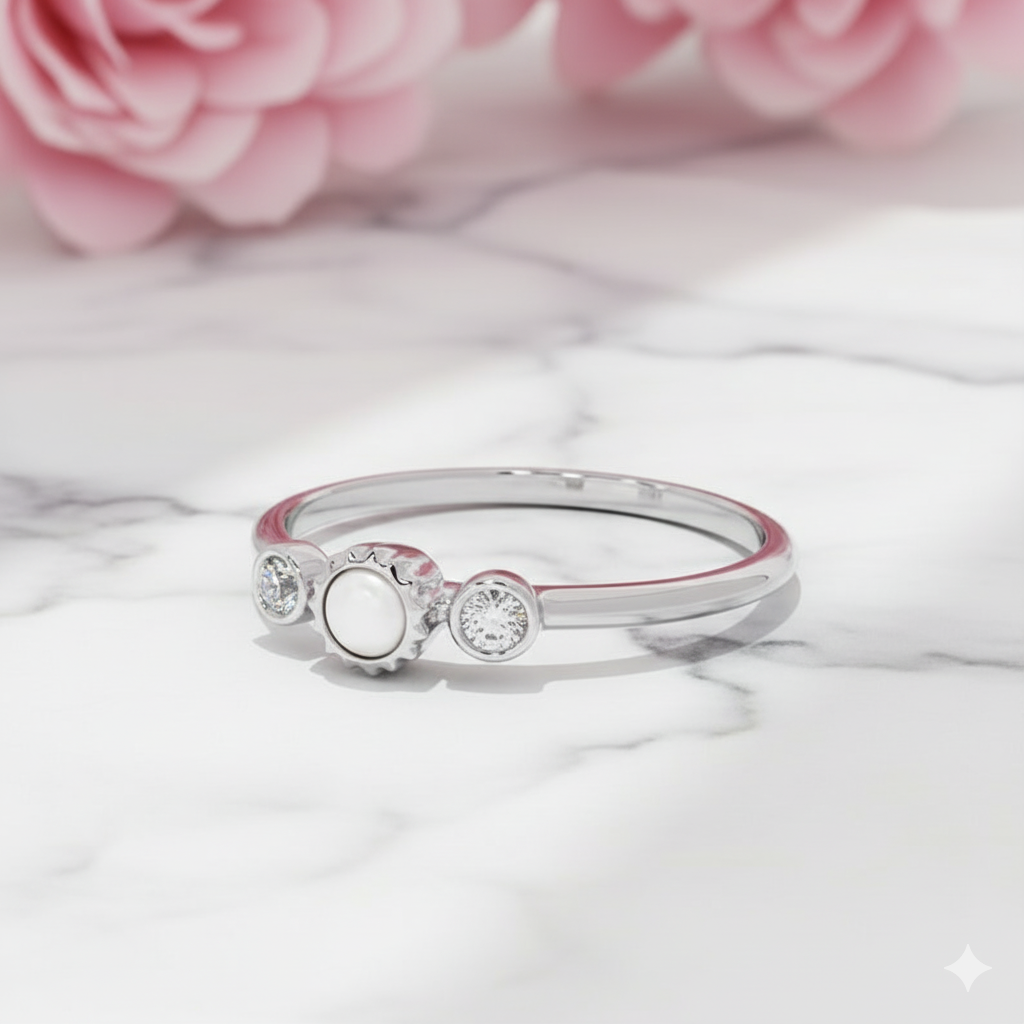 14K Solid Gold Pearl Lab Grown Diamond Ring • Dainty Stacking Ring