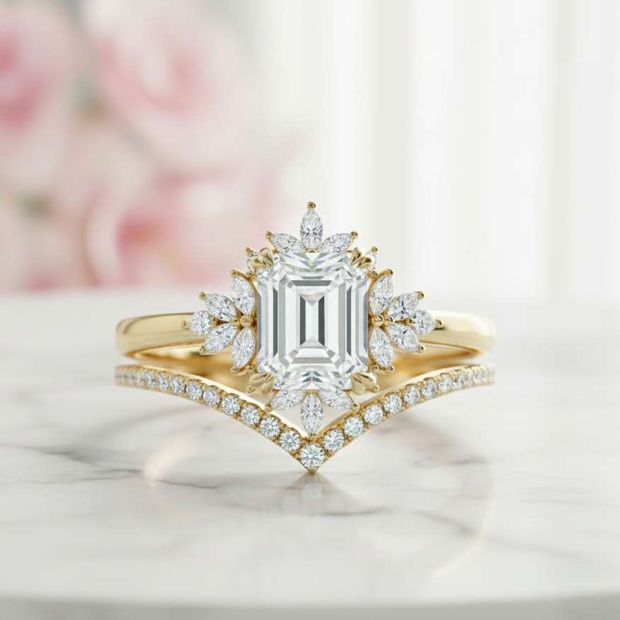 1.70 Ct Emerald Cut Moissanite Engagement Ring Set