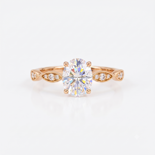 1.25 ct Oval Lab Grown Diamond Engagement Ring • Vintage Rose Gold Ring with Milgrain Detail