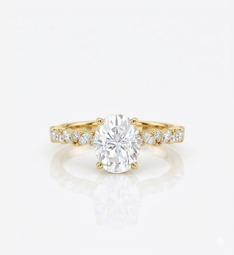 2CT Oval Lab Grown Diamond Engagement Ring • Vintage White Gold Half Eternity Bridal Ring