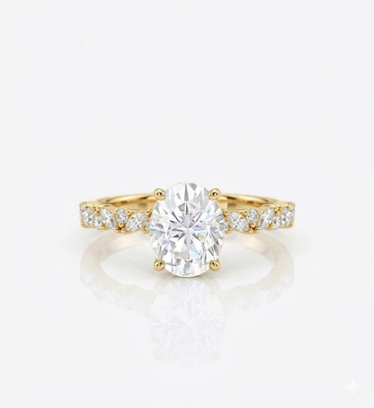 2CT Oval Lab Grown Diamond Engagement Ring • Vintage White Gold Half Eternity Bridal Ring