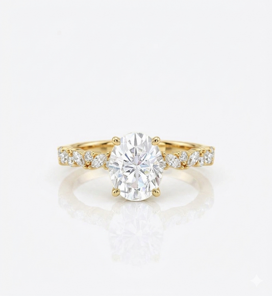 2CT Oval Lab Grown Diamond Engagement Ring • Vintage White Gold Half Eternity Bridal Ring
