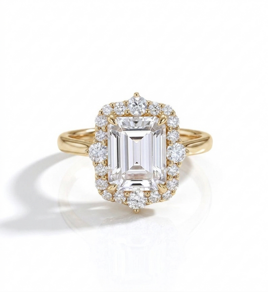 3CT Emerald Cut Lab Grown Diamond Engagement Ring • Vintage Yellow Gold Halo Ring