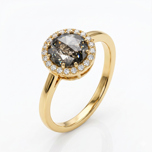 1.00ct Salt And Pepper Round Rose Cut Diamond Ring