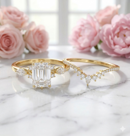2.130ct Emerald Cut Lab-Grown Diamond Engagement Ring Set