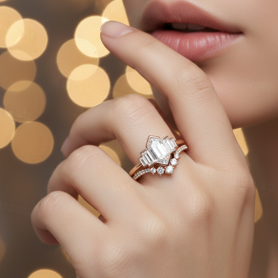 1.65 Ct Hexagon Lab Grown Diamond Engagement Ring Set