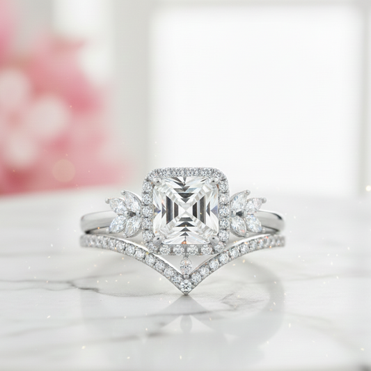 1.60 Ct Asscher Cut Moissanite Engagement Ring Set