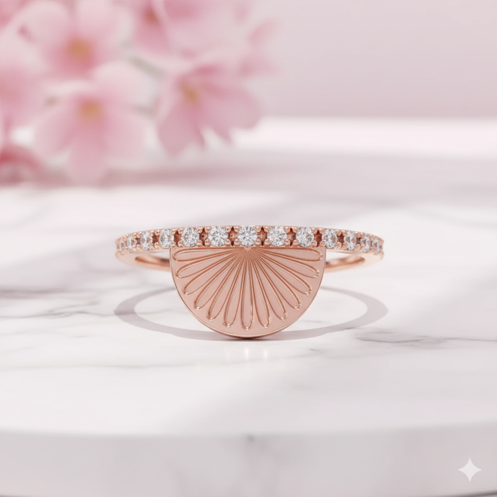 Lab Grown Diamond Sunburst Ring • 14K Gold Half Sun Wedding Band