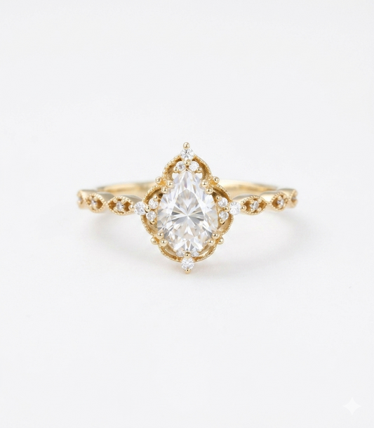 1.25 ct Pear Shaped Lab Grown Diamond Engagement Ring • Vintage Halo Ring