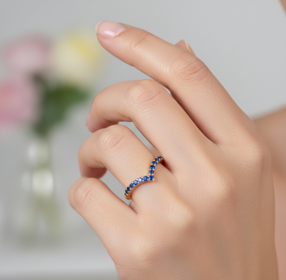 0.110 Ct Blue CZ Curved Wedding Band – V-Shape Ring