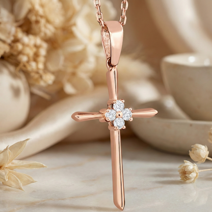 0.40 CT Lab-Grown Cross Pendant Necklace - 14K Solid Gold