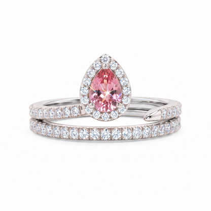 1.00Ct Pear Cut Man Made Pink Sapphire Halo Engagement Ring
