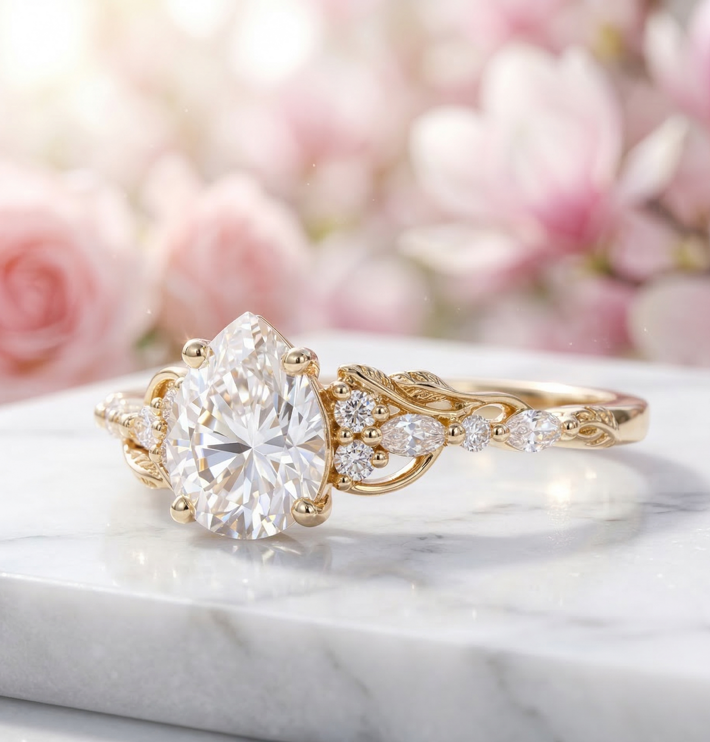 1.300CT Pear Lab Grown Diamond Vintage Floral Engagement Ring
