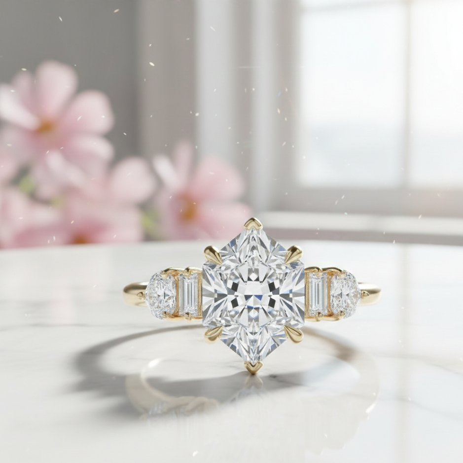 1.650ct Hexagon Lab-Grown Diamond Three Stone Engagement Ring