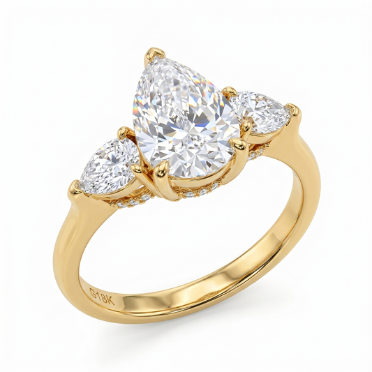 3.0ct Pear Shape Three Stone Natural Diamond Engagement Ring