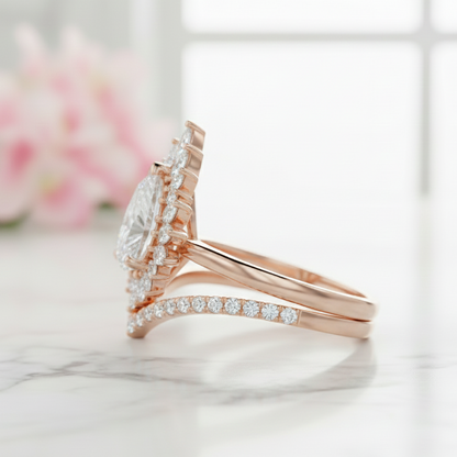 1.80 Ct Pear Cut Floral Halo Lab-Grown Ring Set