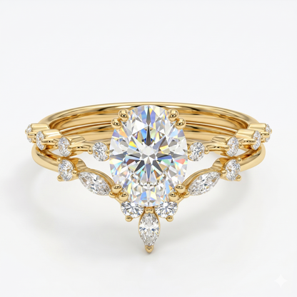 Oval cut Natural Diamond engagement ring set Marquise Cluster Band
