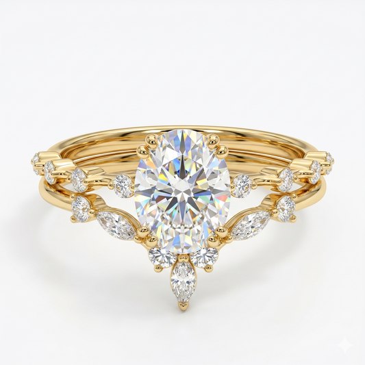 Oval cut Natural Diamond engagement ring set Marquise Cluster Band