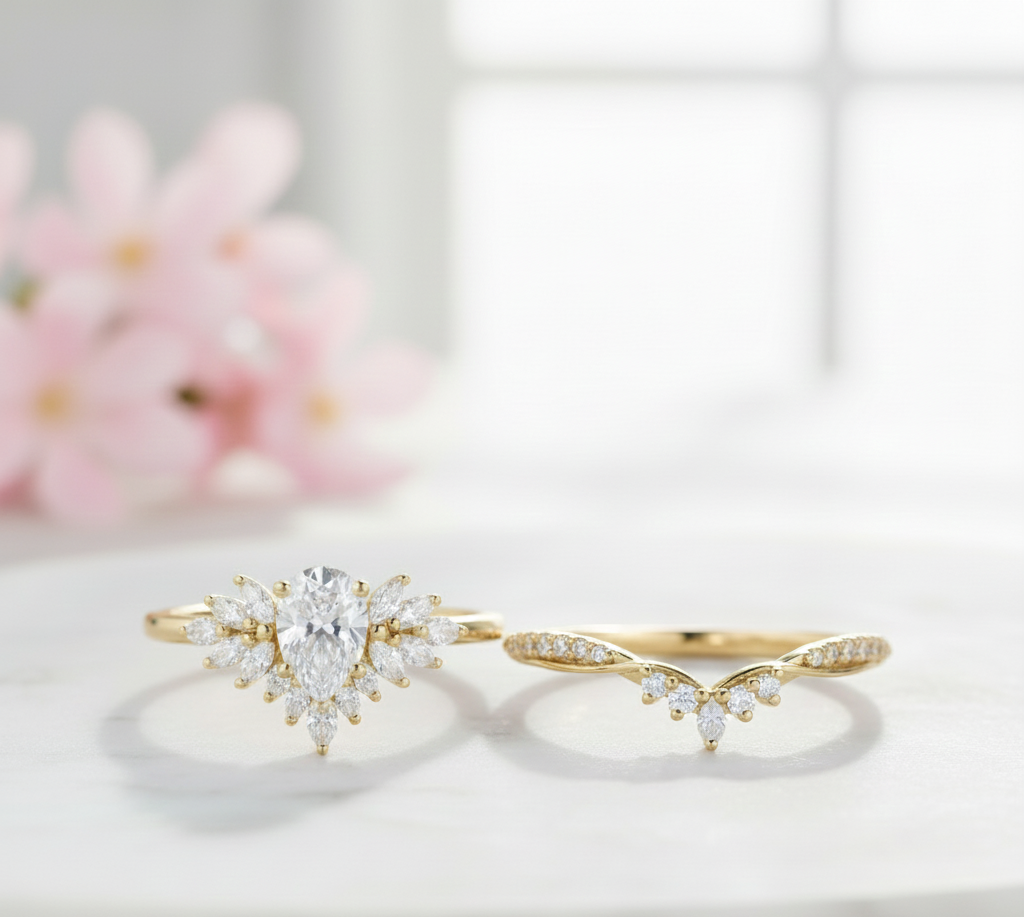 1.70 Ct Pear Lab Diamond Bridal Set – Vintage Cluster Ring