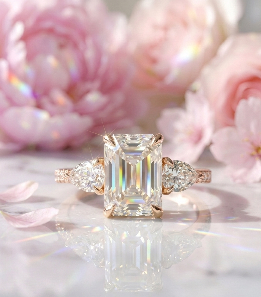2.45 Ct Emerald Lab Grown Diamond Three Stone Engagement Ring