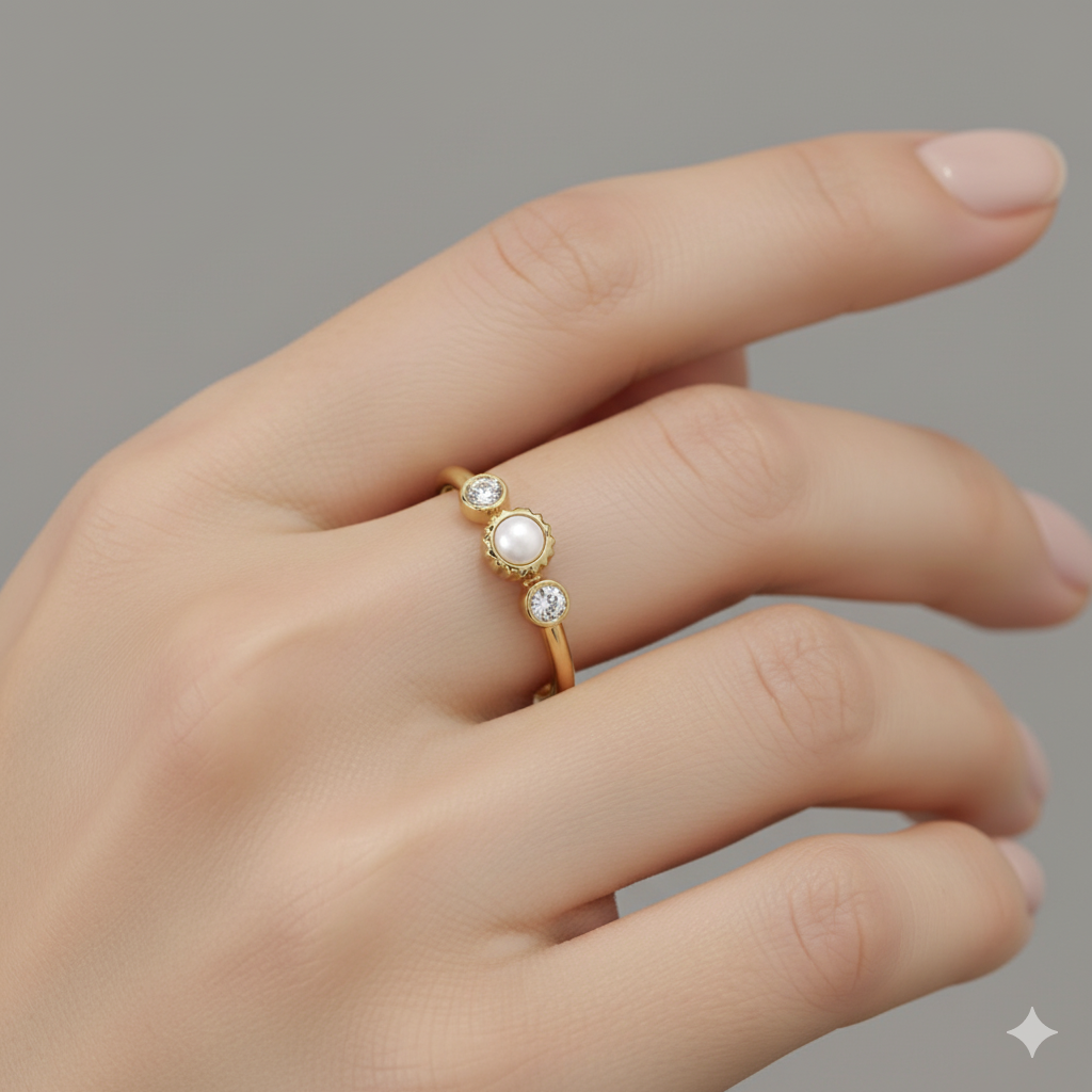 14K Solid Gold Pearl Lab Grown Diamond Ring • Dainty Stacking Ring