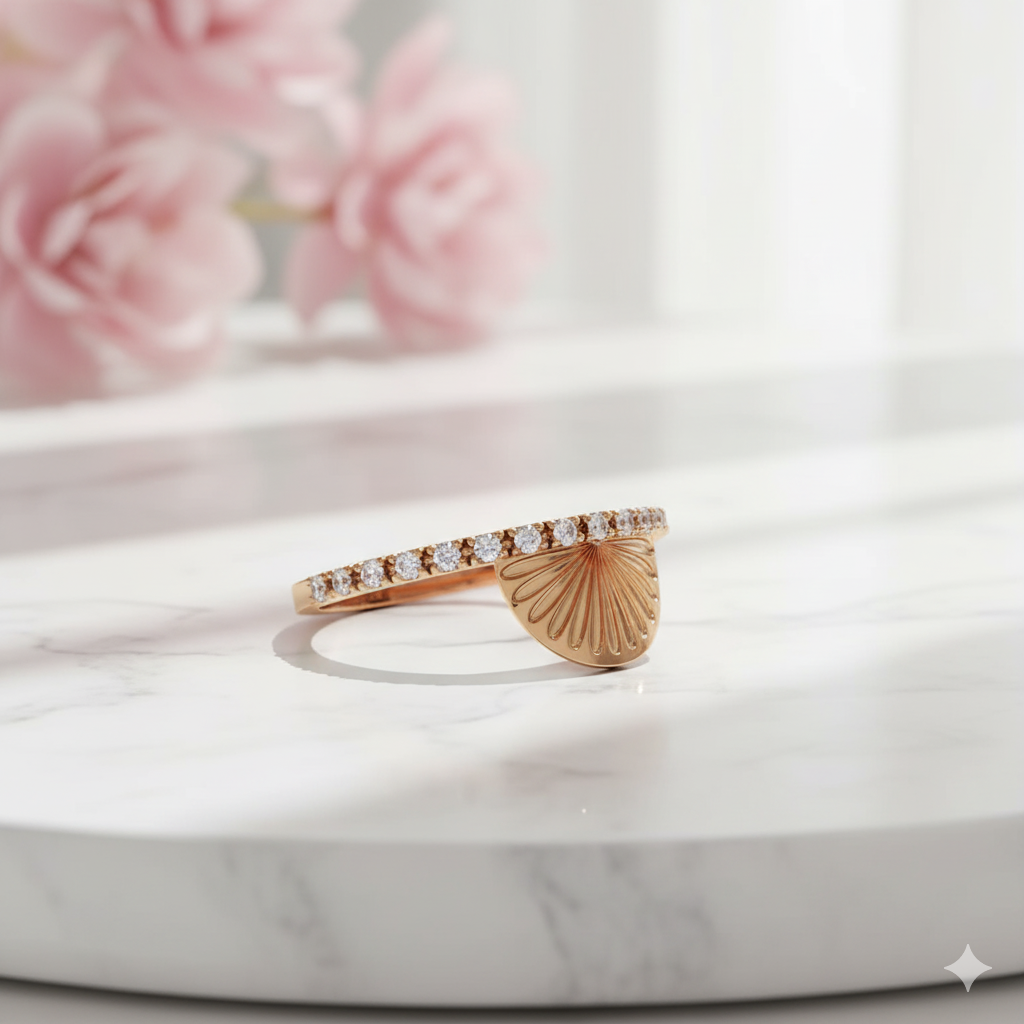 Lab Grown Diamond Sunburst Ring • 14K Gold Half Sun Wedding Band