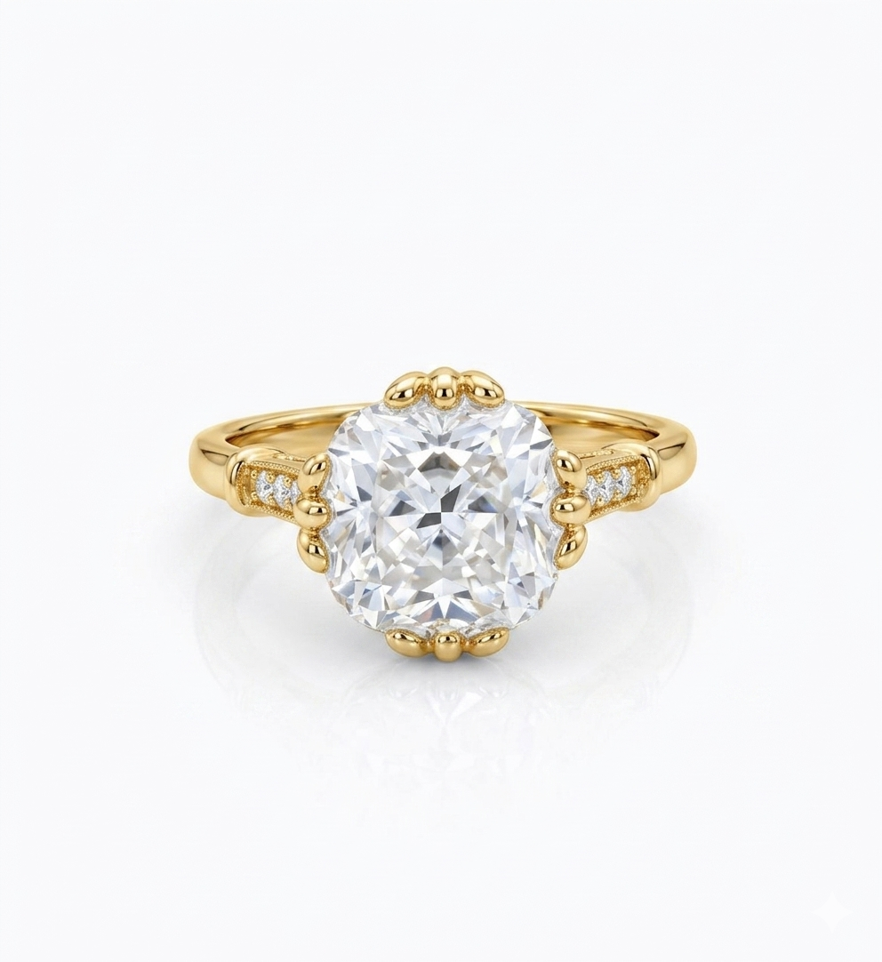 Lab Grown Cushion Cut Lab-Grown Engagement Ring • Vintage Yellow Gold Bridal Ring