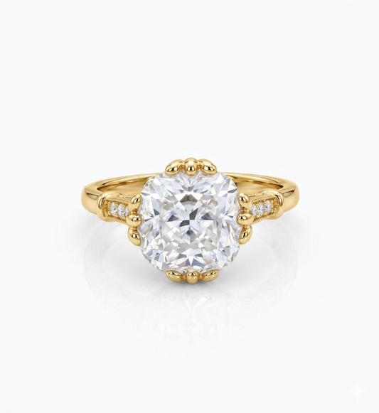 Lab Grown Cushion Cut Lab-Grown Engagement Ring • Vintage Yellow Gold Bridal Ring