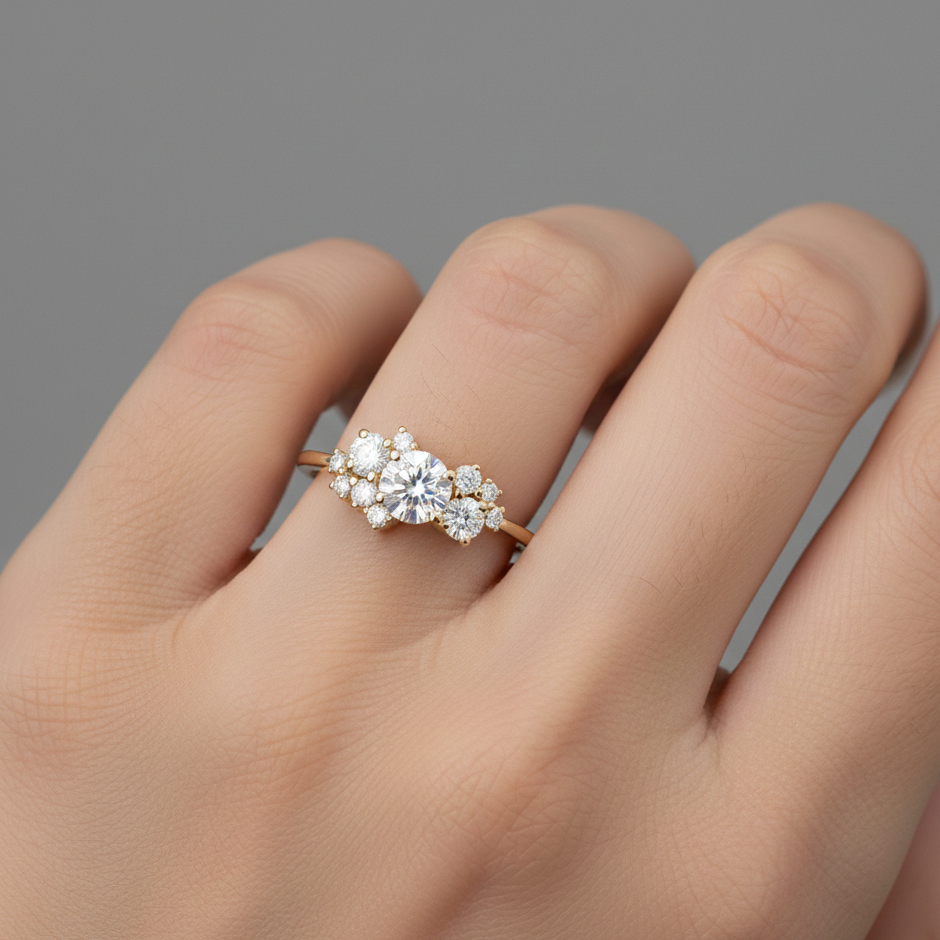 1.10 CT Round Cut Cluster Engagement Ring - 14K Gold