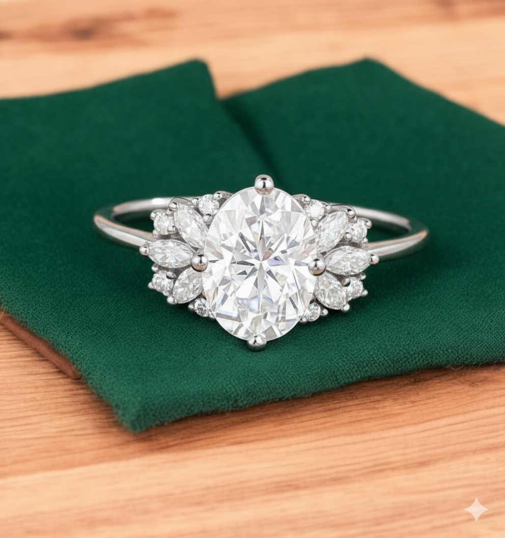 1.650ct Oval Lab Grown Diamond Cluster Ring • Marquise Floral Bridal Ring