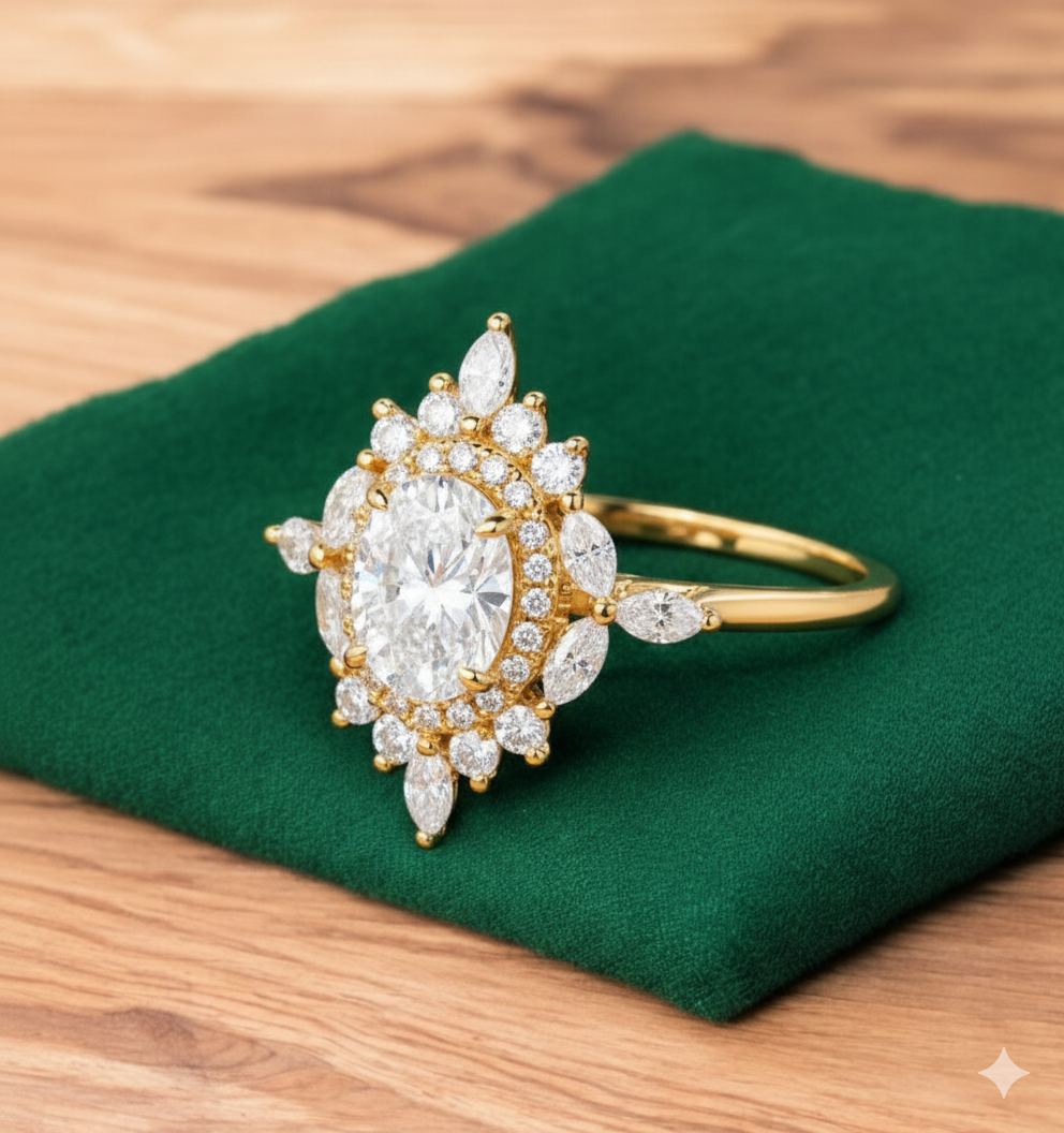 1.220ct Oval Lab Grown Diamond Engagement Ring • Vintage Rose Gold Art Deco Marquise Cluster Bridal Ring